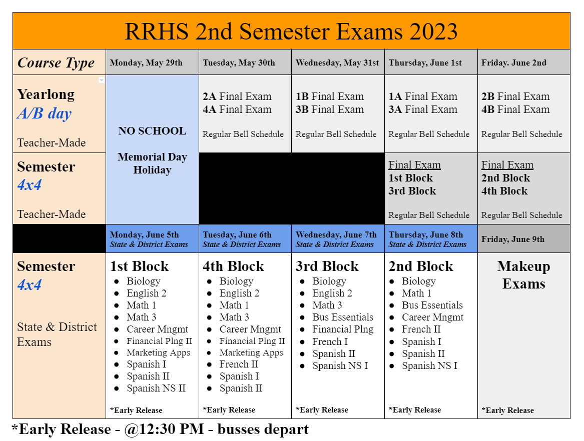 RRHS Final Exam Schedule 2023